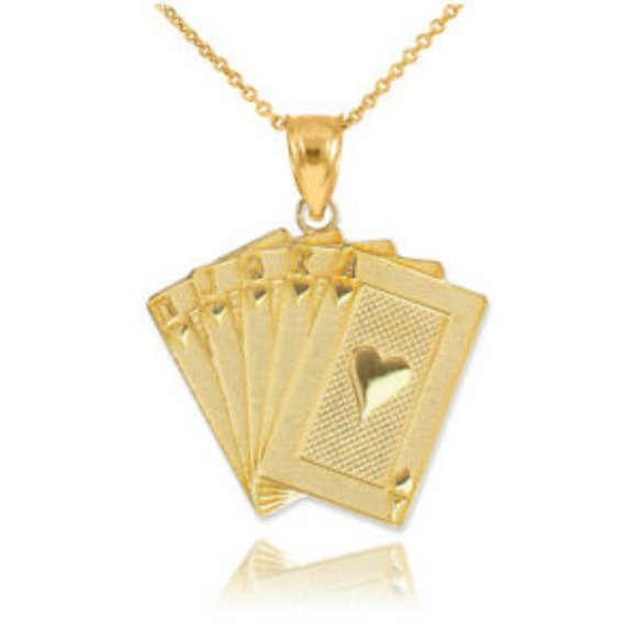Solid Gold Flush Poker Cards Necklace Heart AKQJ10
